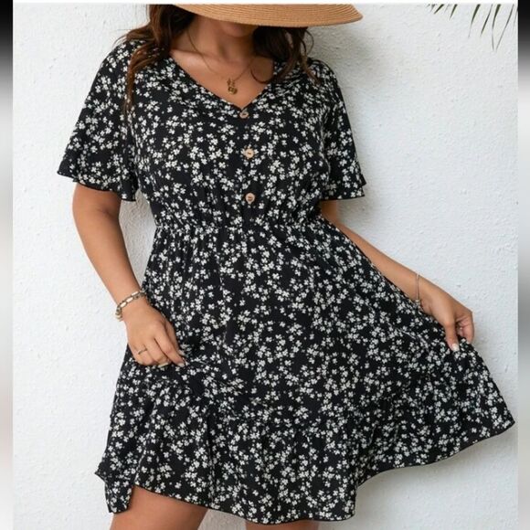 Shein Curve Vcay Black and White Floral Print Ruffle Hem Dress Size 0XL - Picture 10 of 13